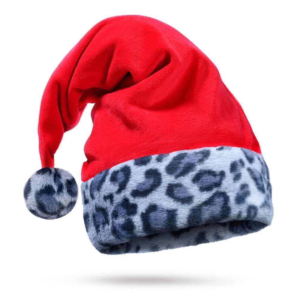 2593 Bright Red Santa Hat - Gray Snow Leopard Trim, Faux Fur - Furry Blue
